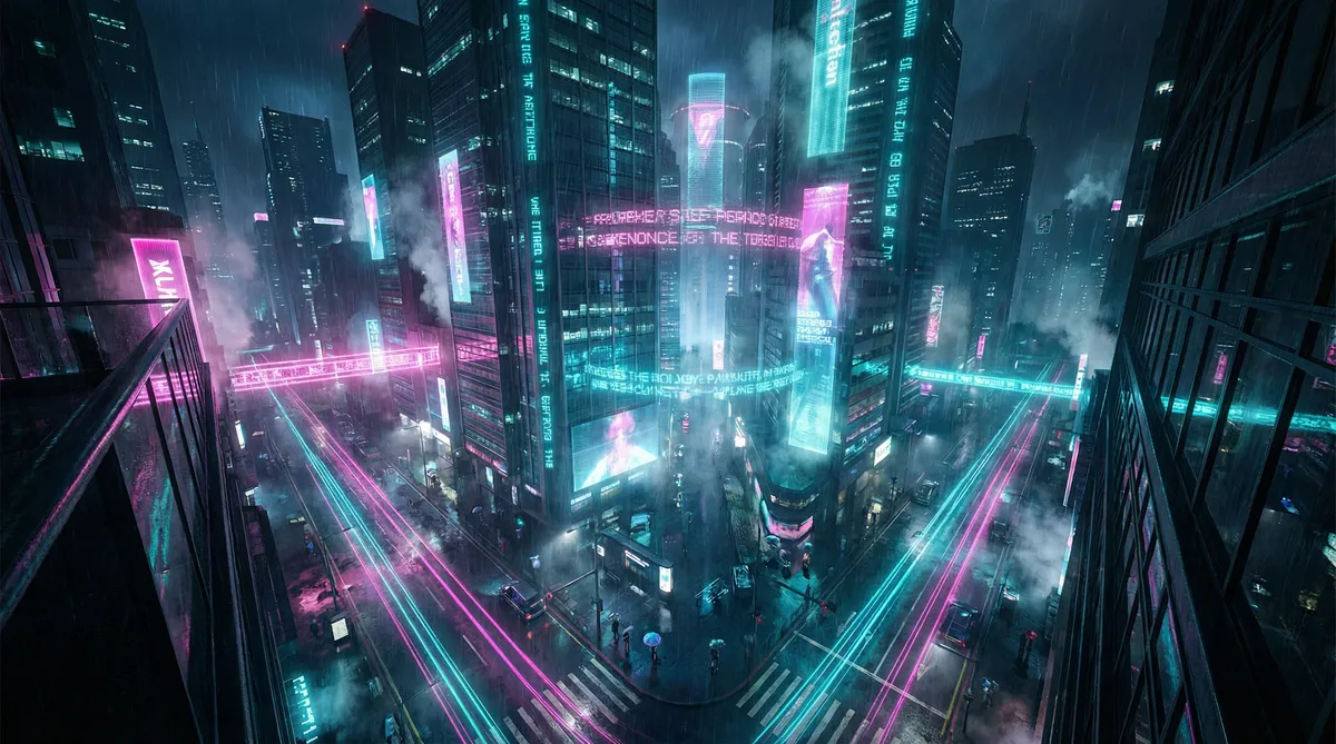 徐若瑄演的魔鬼天使 竖屏短剧平台首页背景 - 赛博朋克都市夜景